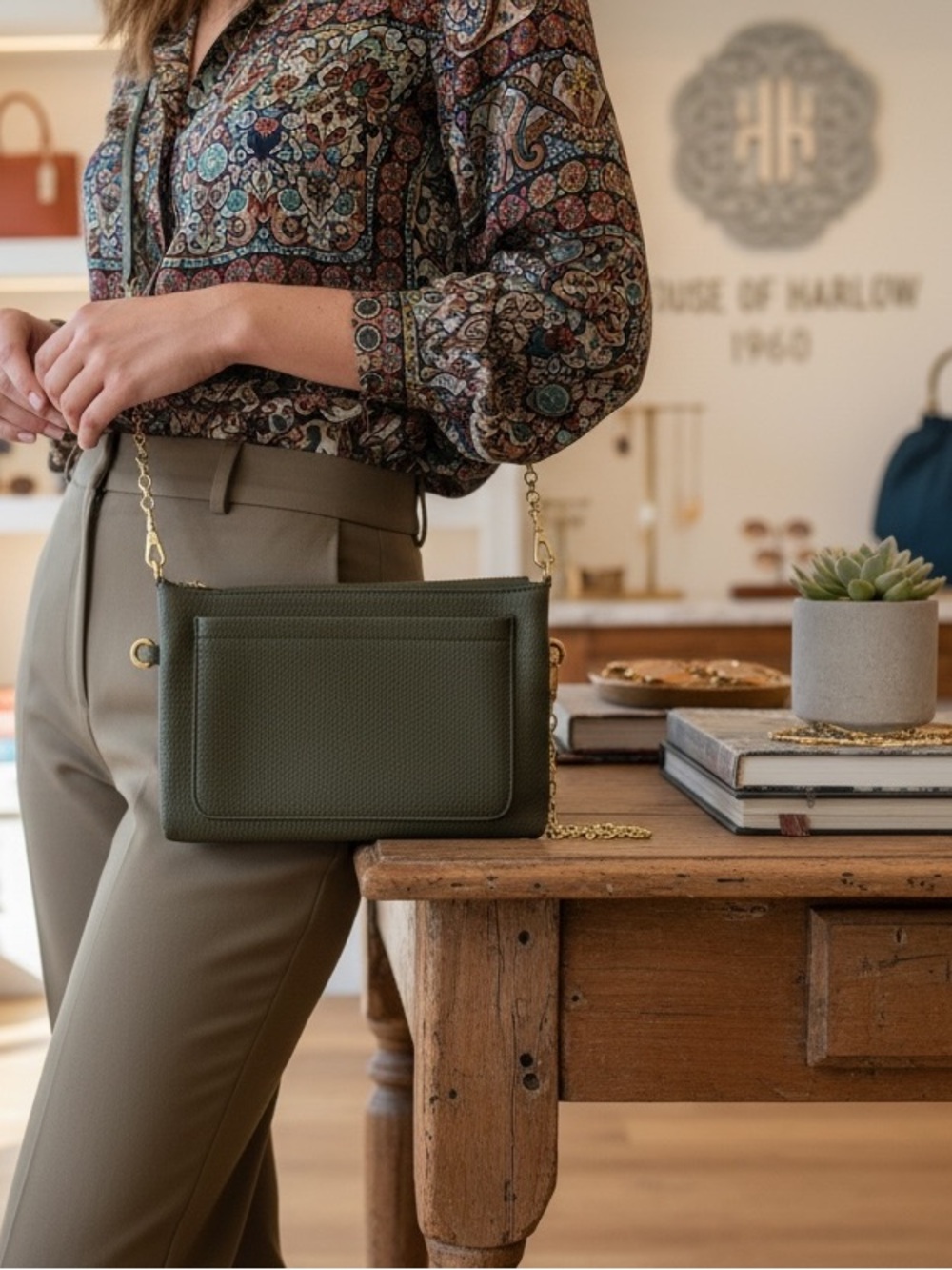 House of Harlow olive green faux leather crossbody bag mutiple compartments - Picture 2 of 4